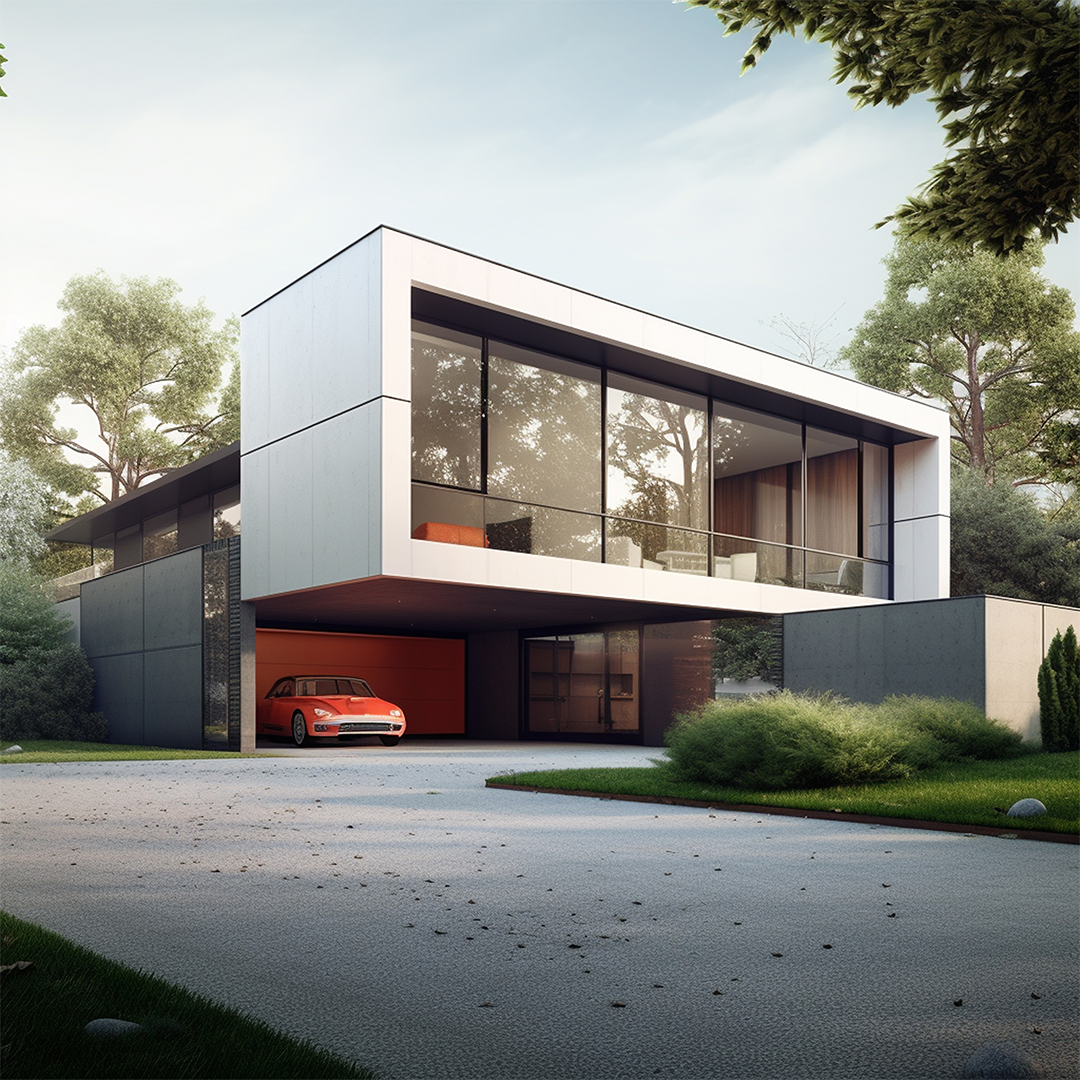 front view of the house with a car