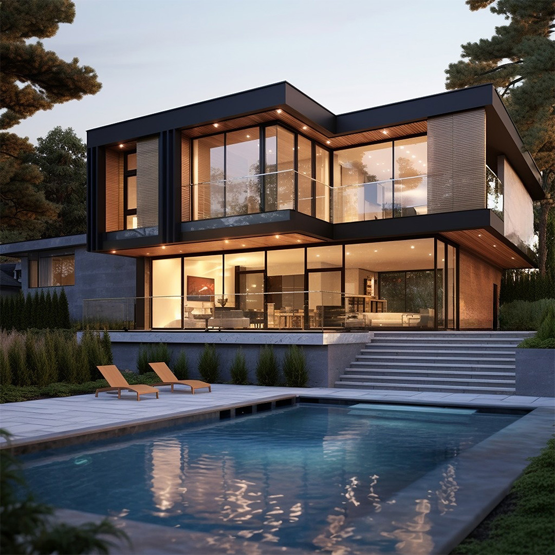 front view of a house with a pool in front
