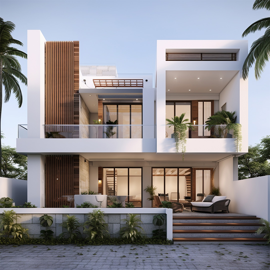 fron view of a two story white house with trees
