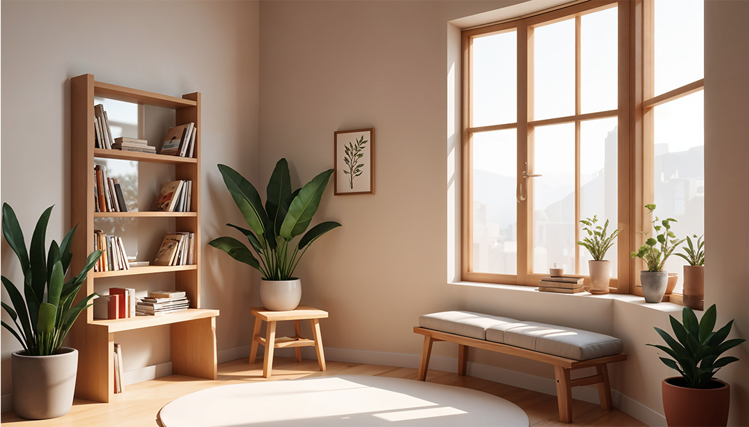 calm interior with a plant by the window